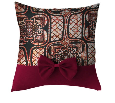 Bordeau African Print Throw Pillow Case with Bow - Afrilege