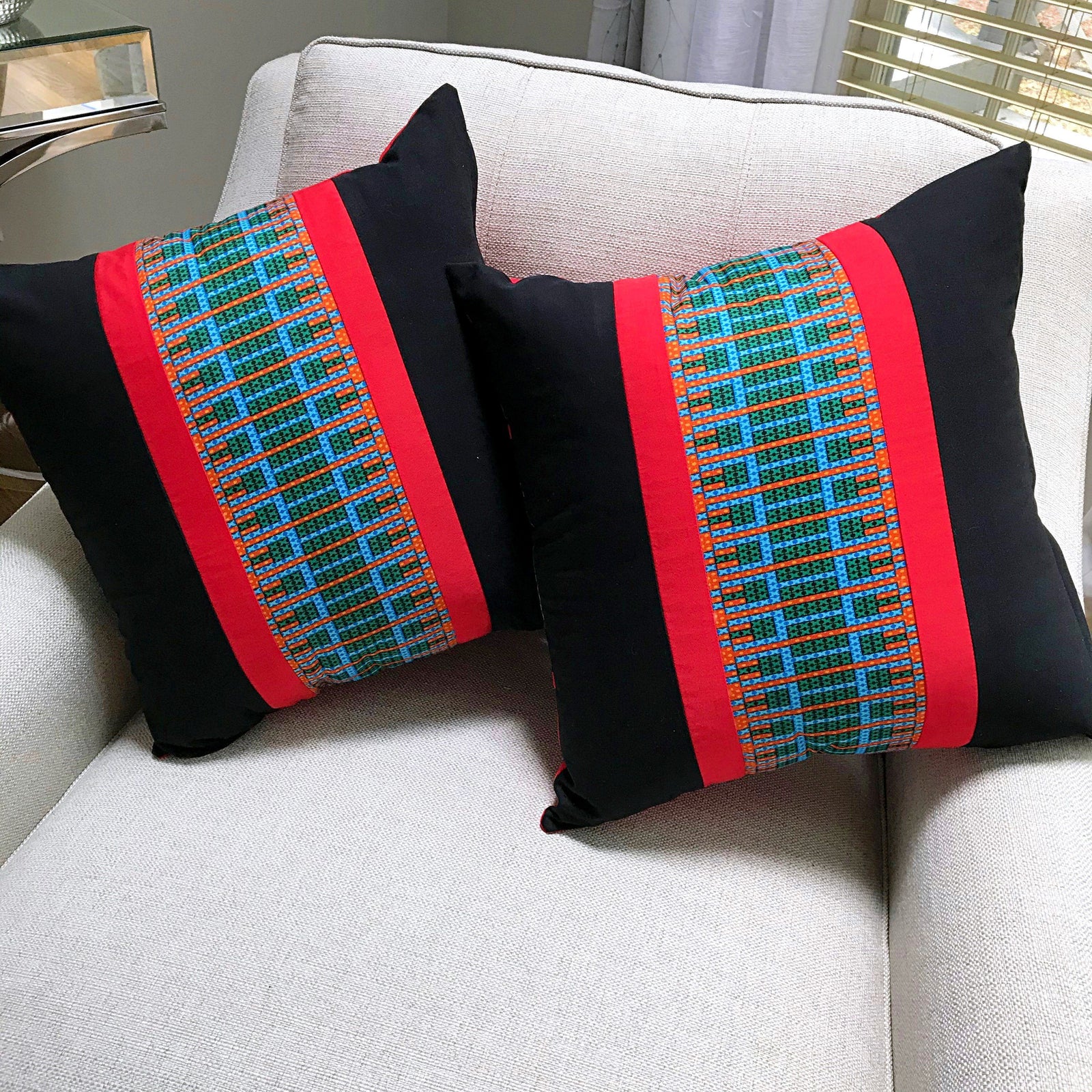 Jayde African Print Decorative Pillow Cushions - Red / Black / Green