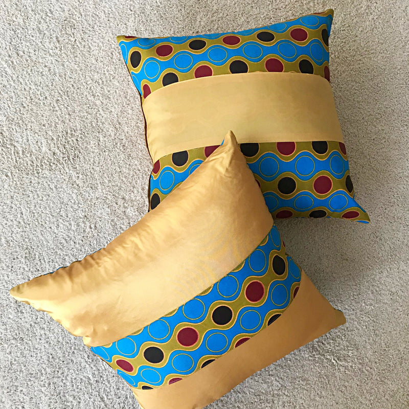 Malaika African Print Throw Pillow Covers / African decorative cushion - Blue / Gold - Afrilege