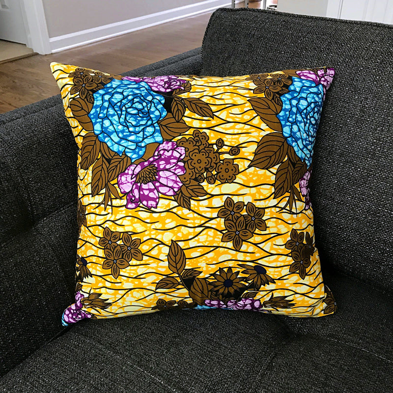 Salma Floral African Print Throw Pillow Case - (Yellow / Blue/ Purple) - Afrilege