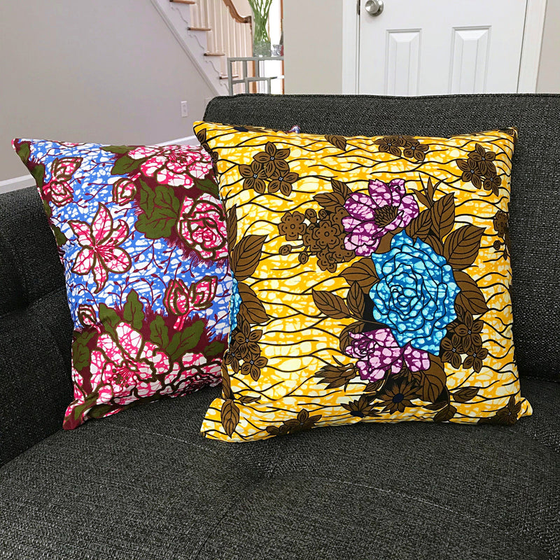 Salma Floral African Print Throw Pillow Case - (Yellow / Blue/ Purple) - Afrilege