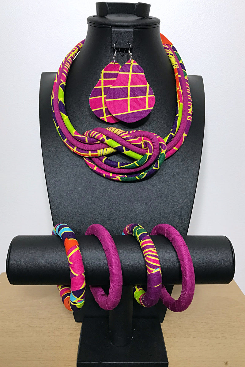 Carlita  Bamileke African Print Knot Jewelry Set ( Necklace - Bracelets - earrings) - Afrilege