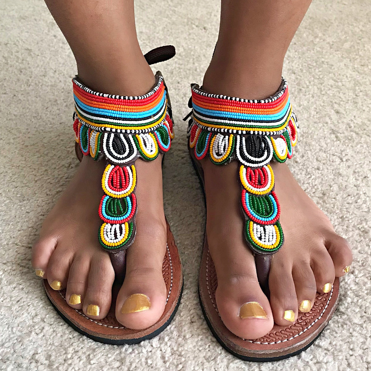 Unisex Maasai Leather Sandals. Size 9.5 or 38 decorated with beads. African Maasai Beaded Women main image 3