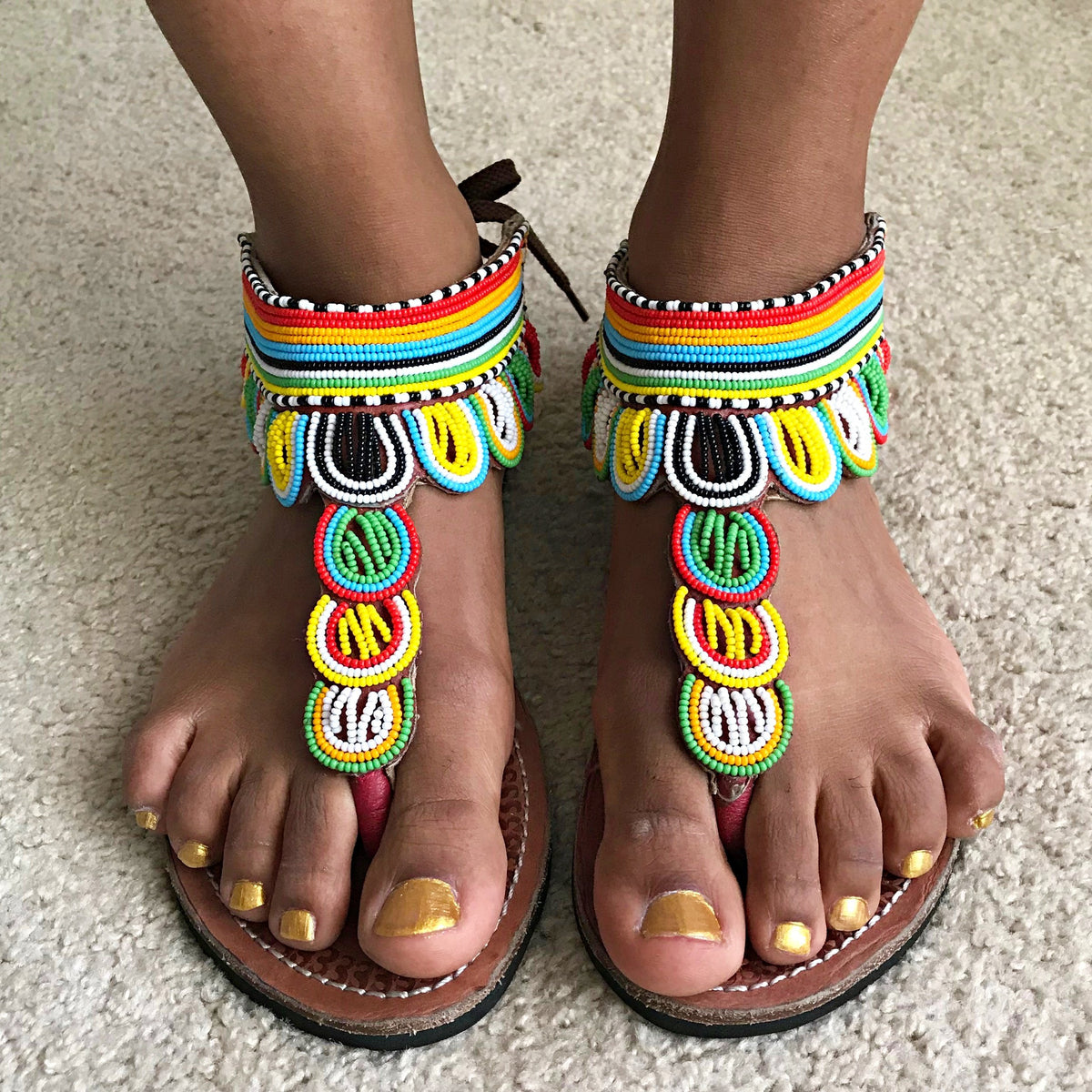 Unisex Maasai Leather Sandals. Size 10.5/11 or 42 decorated with beads. Handmade Maasai Beaded Leather Sandals: African Summer Flip  main image 4