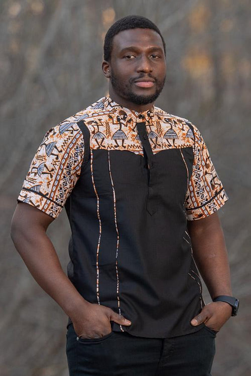 Adonis African Print Men Shirt - Black / Brown, S | Afrilege Adonis African Print Men Shirt - Black / Brown, S | Afrilege
