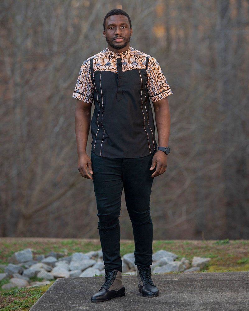 Adonis African  print Men Shirt - Black / Brown - Afrilege