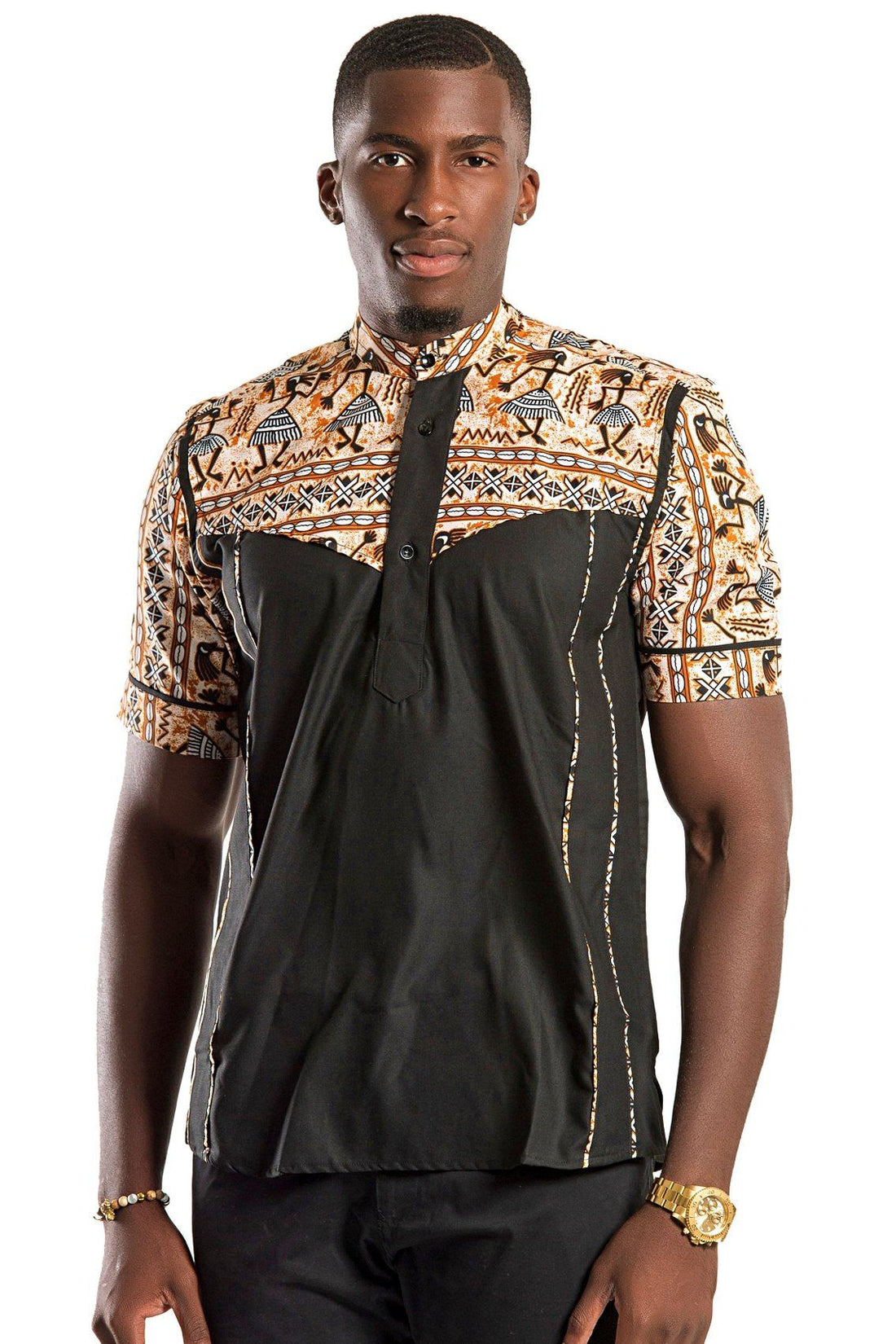 Adonis African Print Men Shirt - Black / Brown, S | Afrilege Adonis African Print Men Shirt - Black / Brown, S | Afrilege