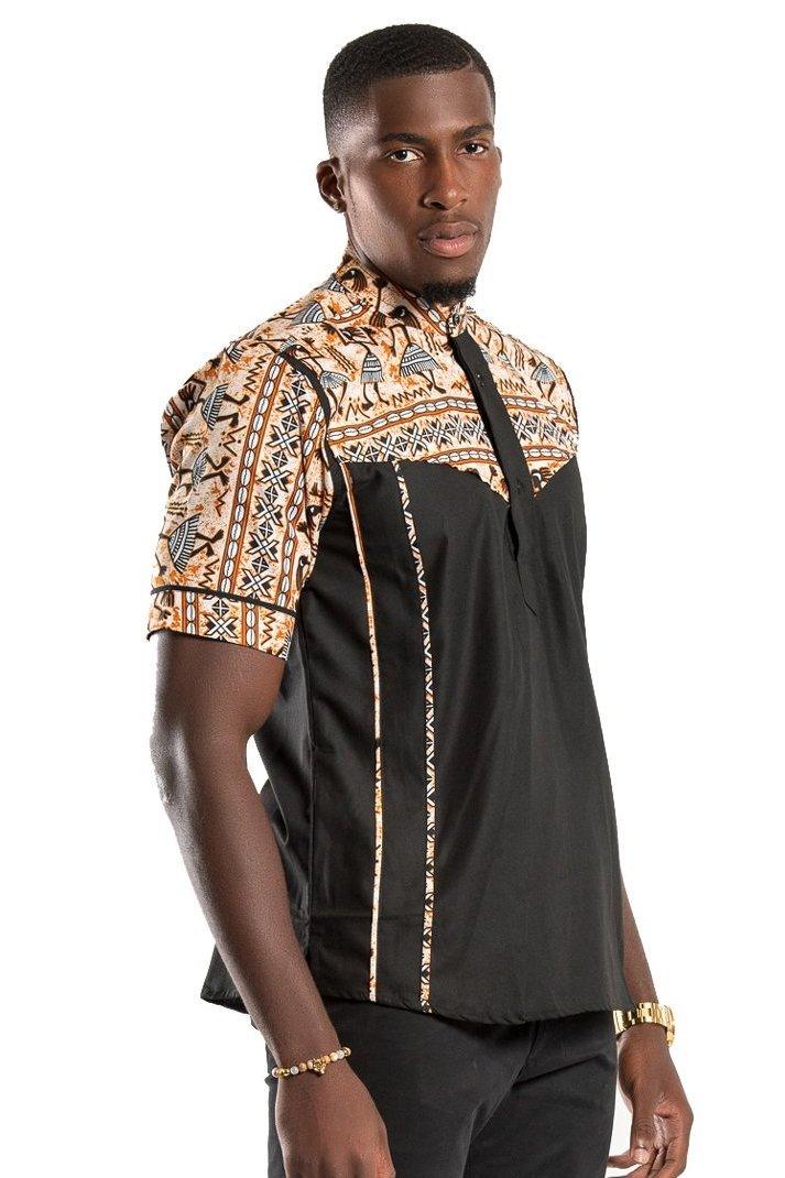 Adonis African Print Men Shirt - Black / Brown, S | Afrilege Adonis African Print Men Shirt - Black / Brown, S | Afrilege