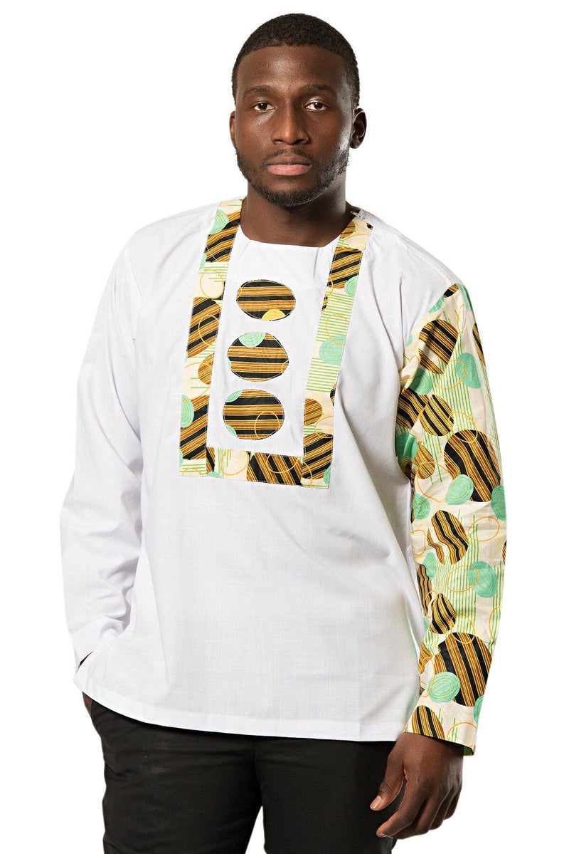 African Print Gueye Men's Wear Long Sleeve Shirt - white / green - Afrilege