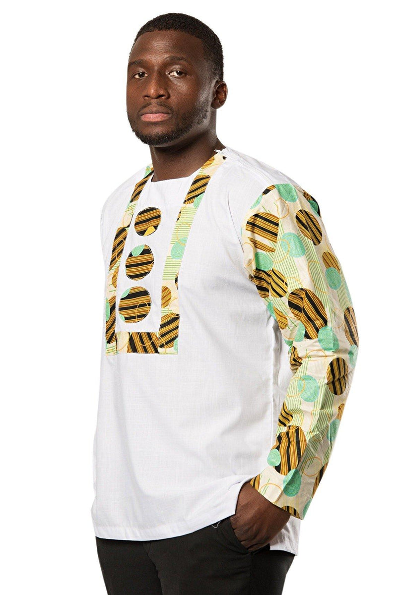 African Print Gueye Men's Wear Long Sleeve Shirt White Green