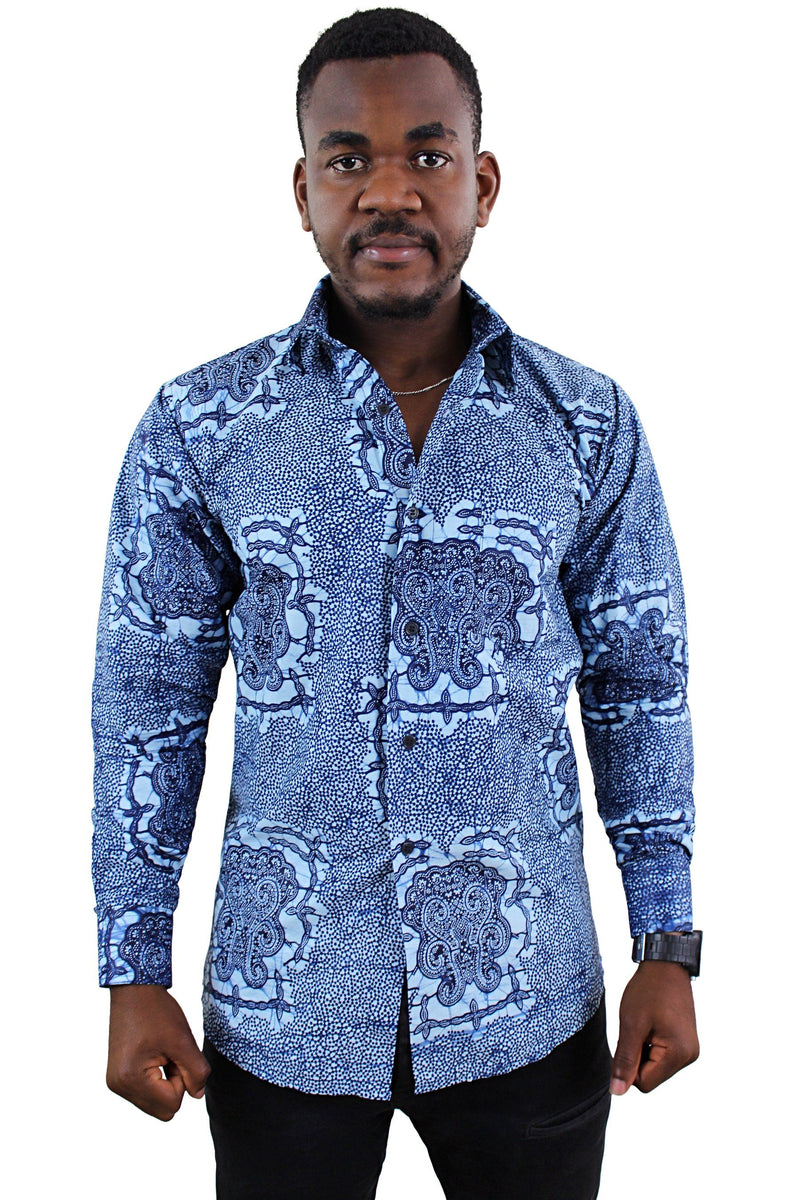 Abu African Print Long Sleeve Men's Shirt - Blue - Afrilege