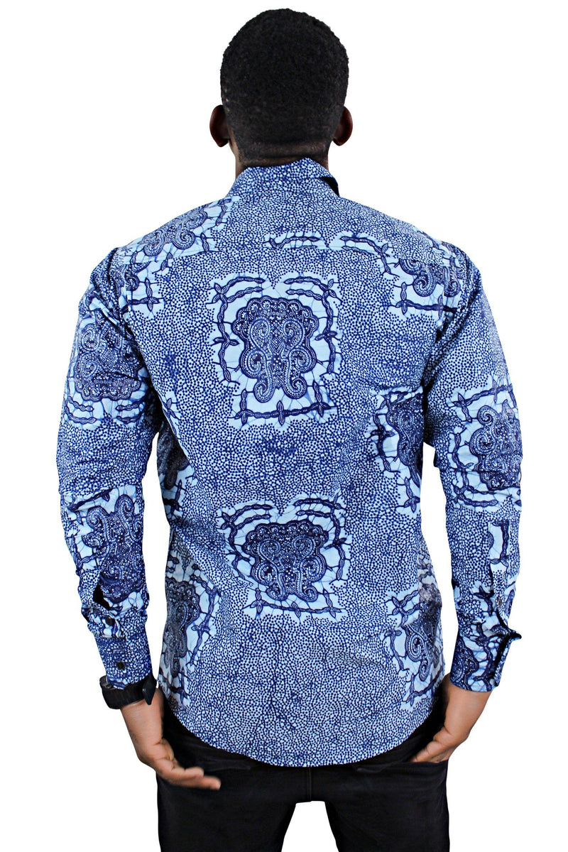 Abu African Print Long Sleeve Men's Shirt - Blue - Afrilege