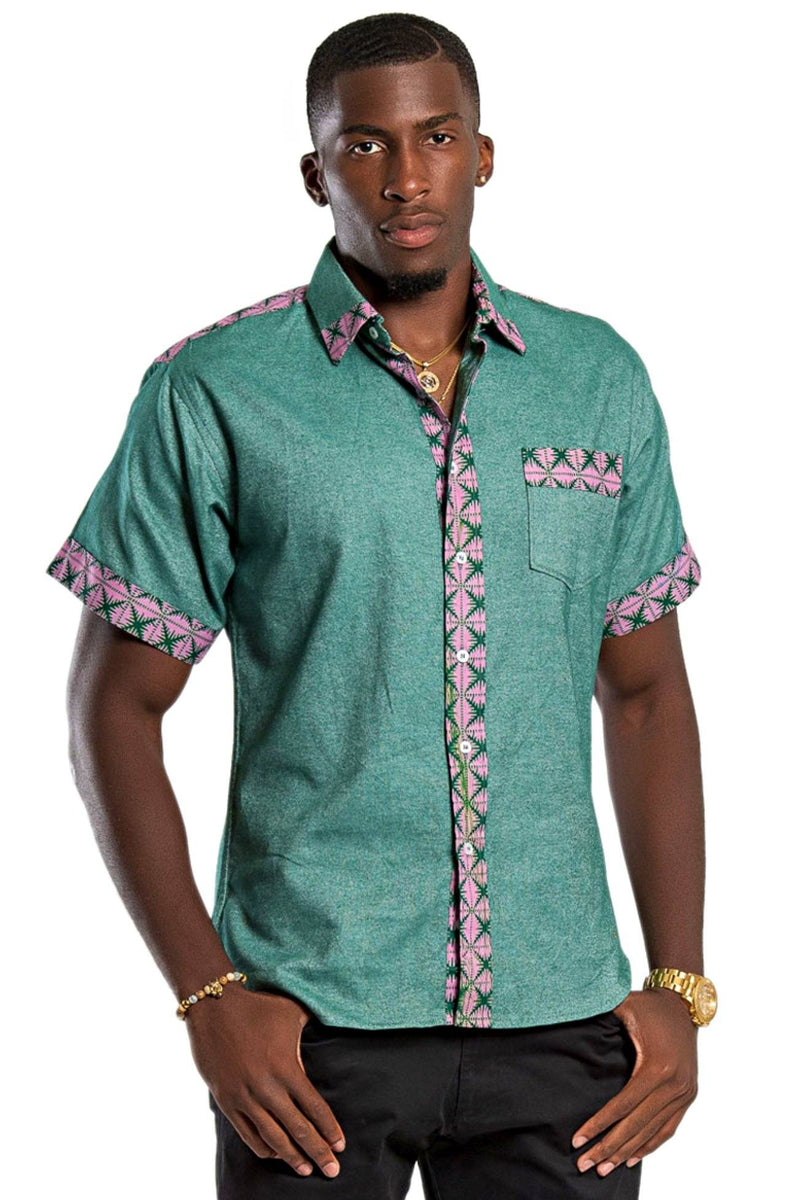 Fally African Print Short Sleeve Men's Shirt - Green / Pink - Afrilege
