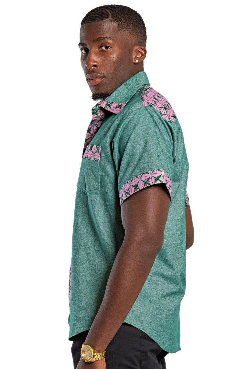 Fally African Print Short Sleeve Men's Shirt - Green / Pink - Afrilege