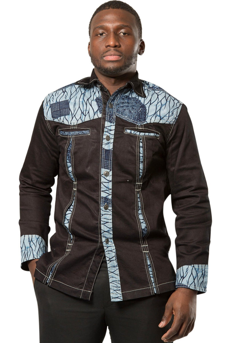 Akin Men's African print denim Shirt - black, Blue - Afrilege