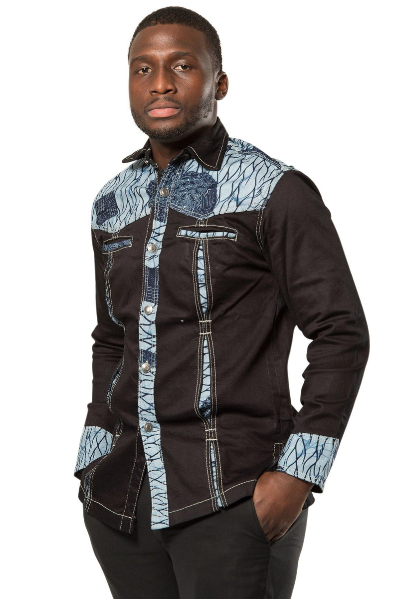 Akin Men's African print denim Shirt - black, Blue - Afrilege