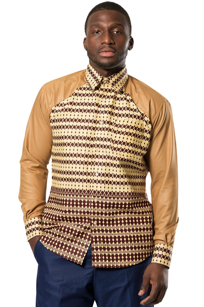 Aveye Men African Long Sleeve Shirt - Brown - Afrilege