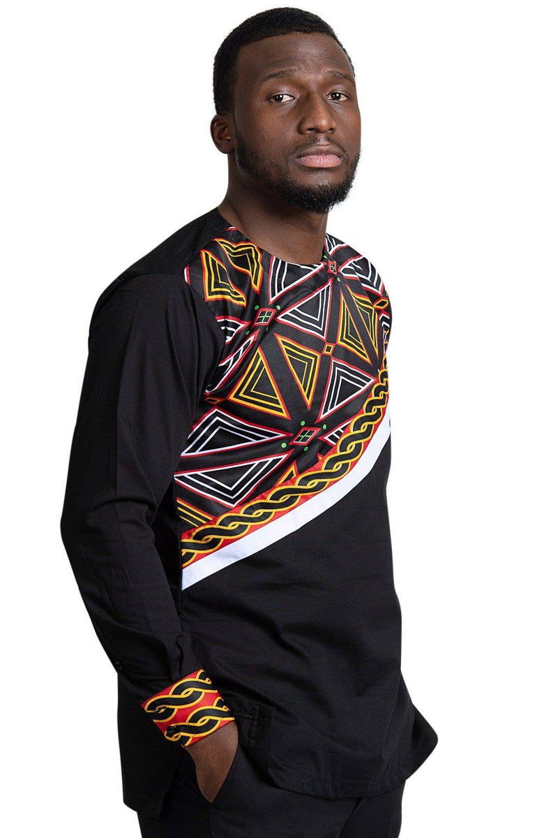 Toghu Bamenda Men African Print Shirt (Black/ red /white) - Afrilege