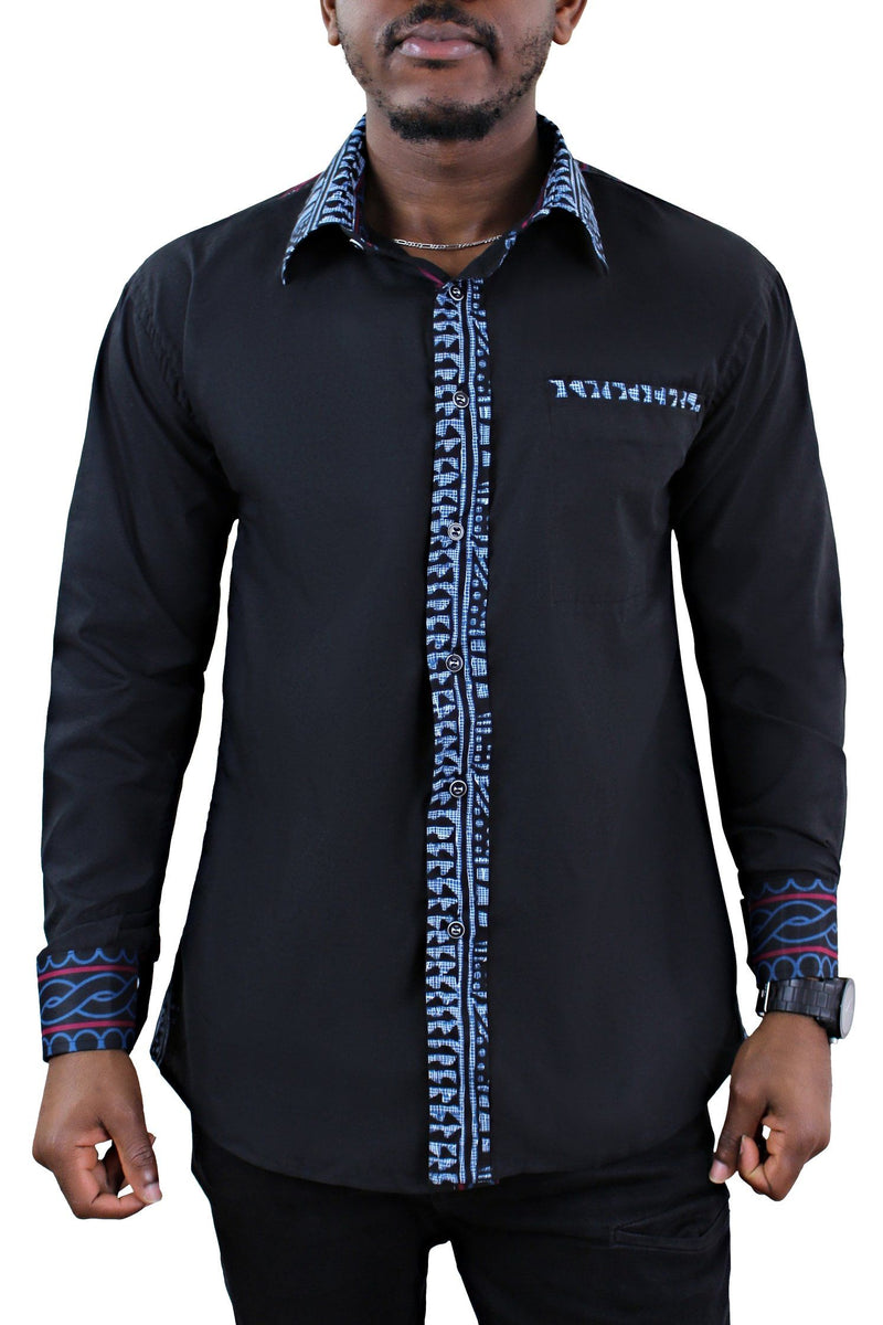 Bamileke African Print Long Sleeve Men's Shirt - Black - Afrilege