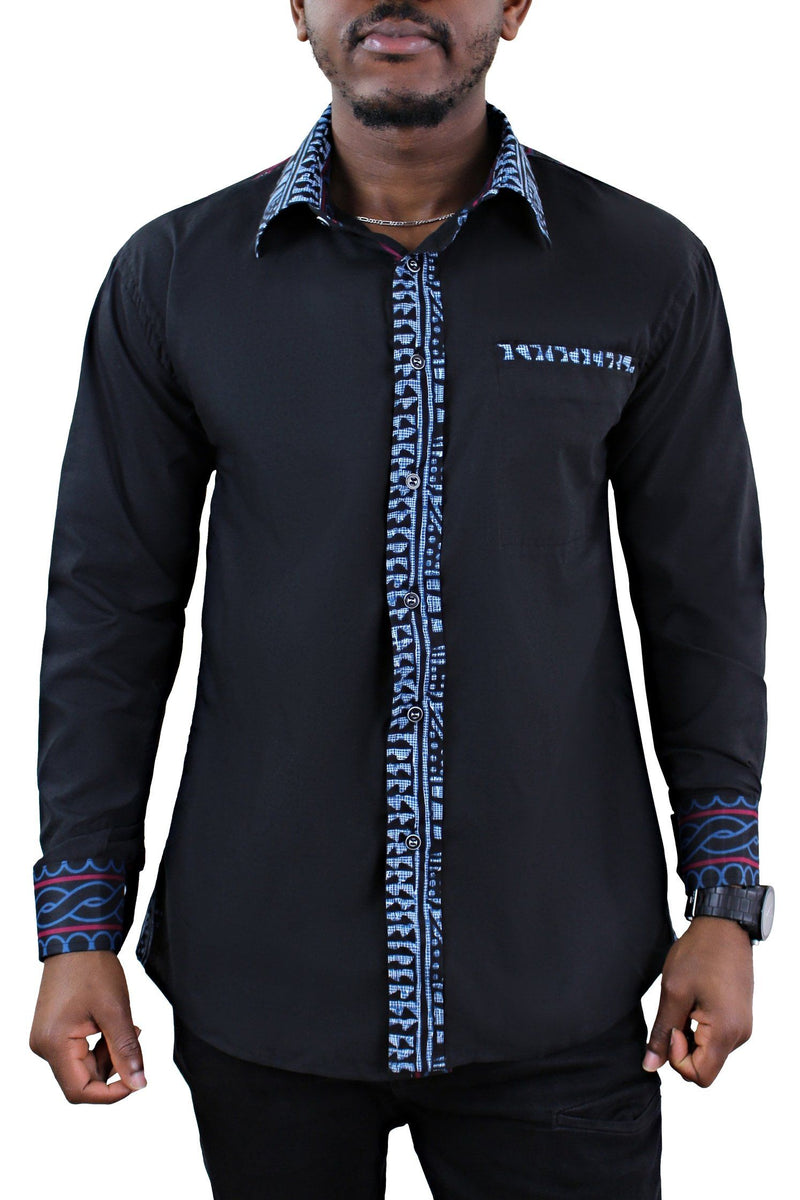 Bamileke African Print Long Sleeve Men's Shirt Black Afrilege