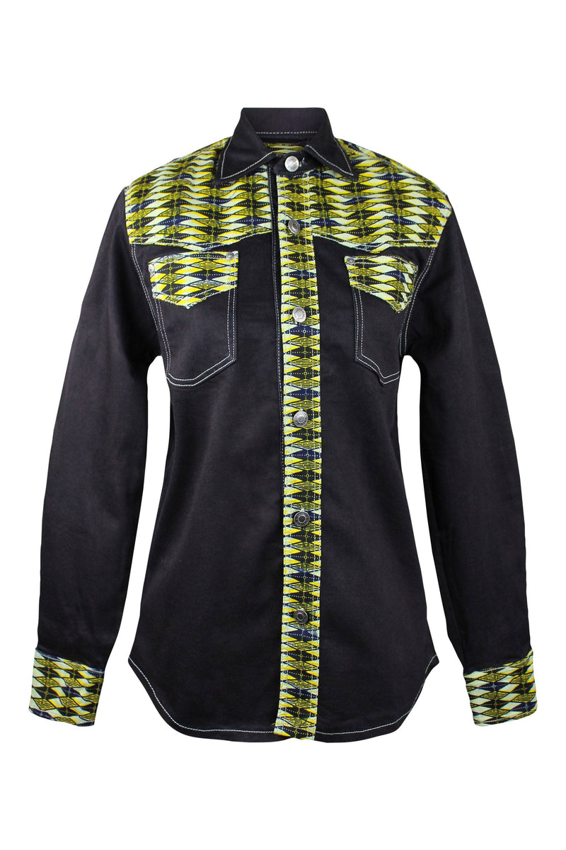 Denim jeans long sleeve Men's shirt with African print - Afrilege