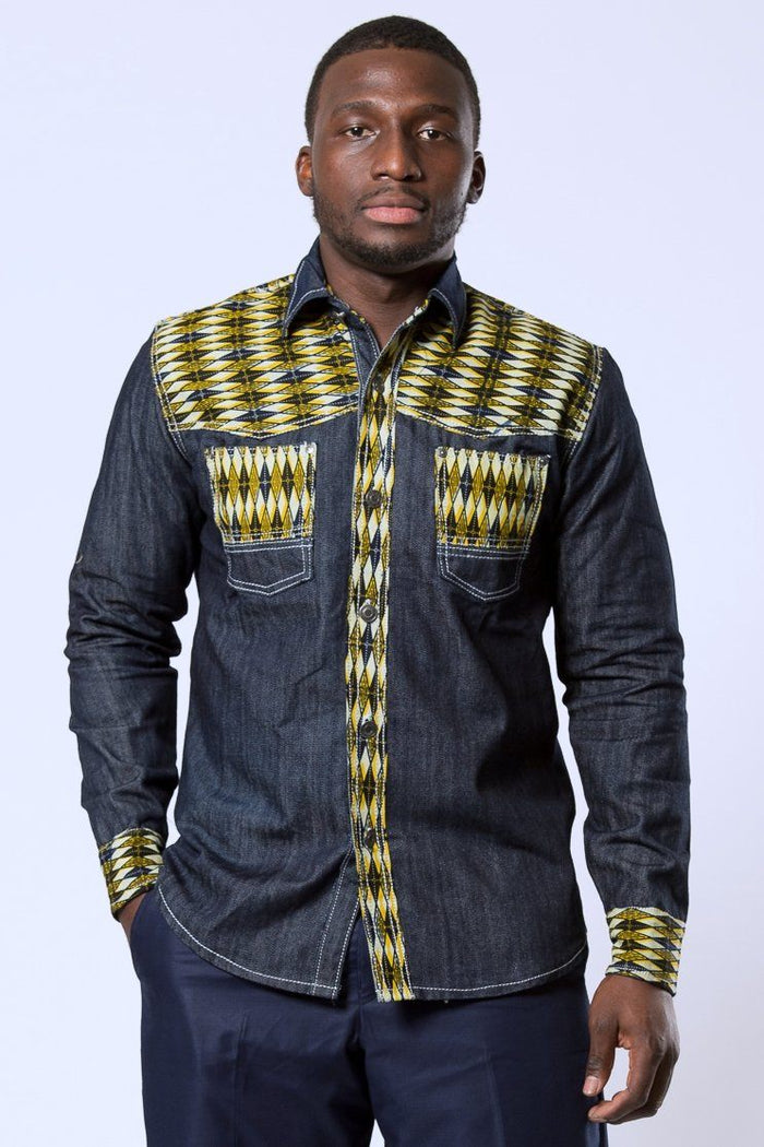 Desta African Print Denim Jeans Long Sleeve Men's Shirt (Yellow