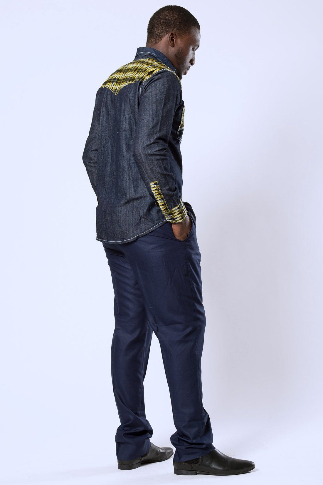 Desta African Print Denim Jeans Long Sleeve Men's Shirt (Yellow