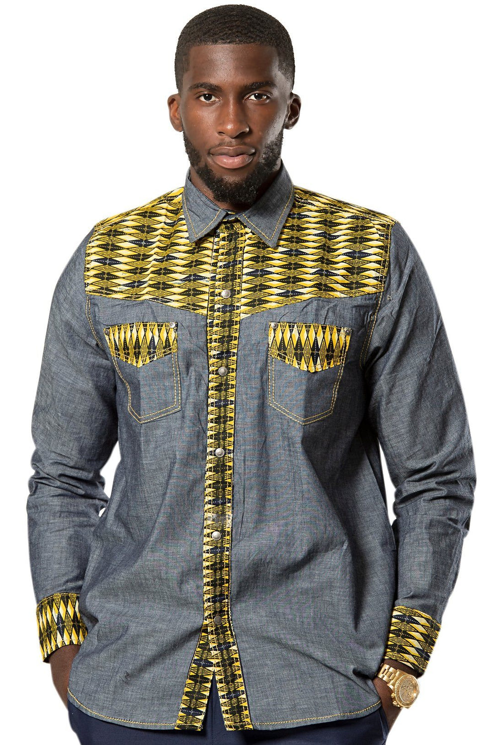 Desta African Print Light Denim Jeans Men Shirt Blue/ Yellow