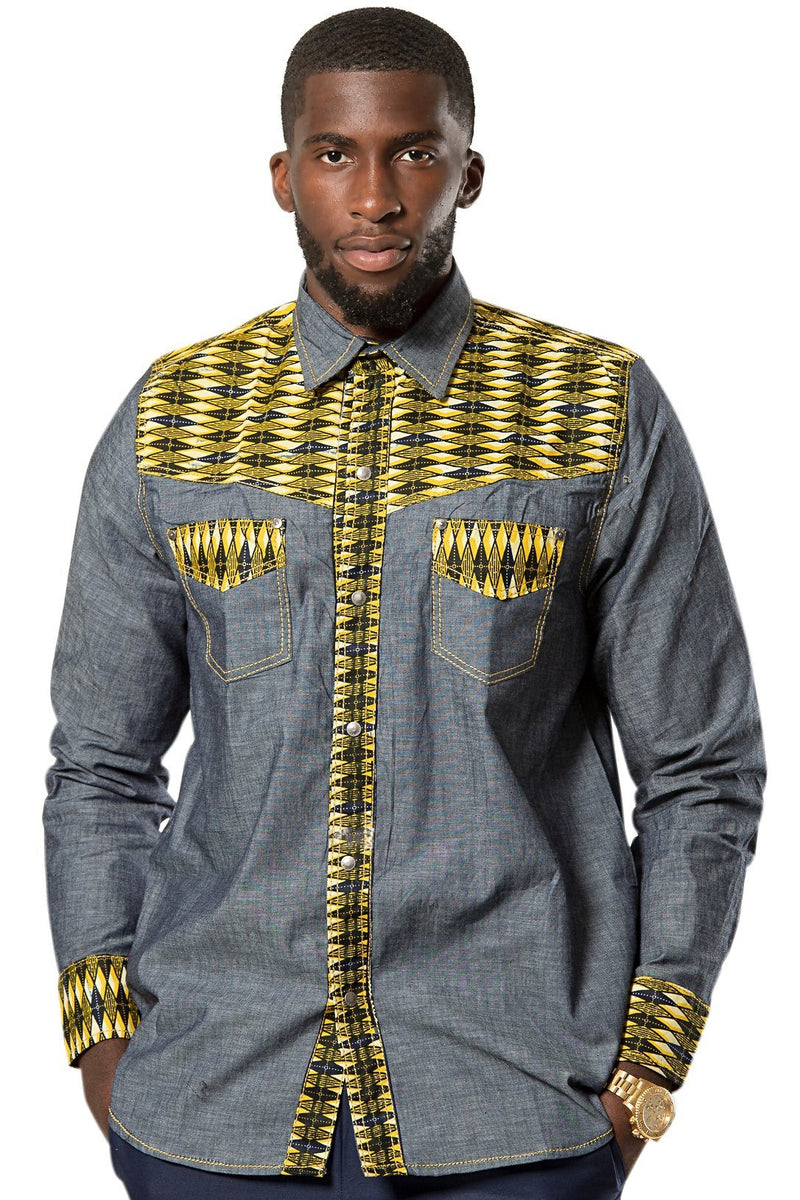 Desta African Print Light Denim Jeans Men Shirt - Blue/ Yellow, S