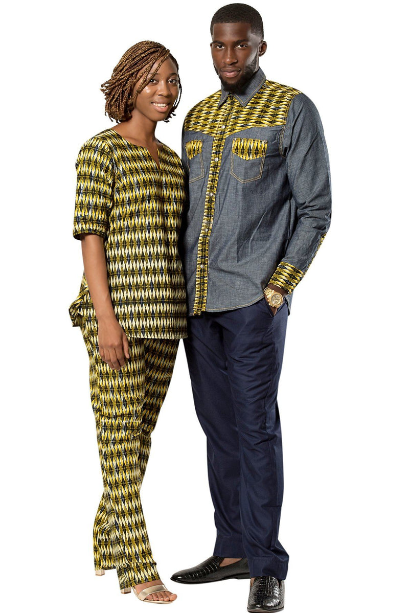 Desta African print light denim jeans men shirt - blue, yellow - Afrilege