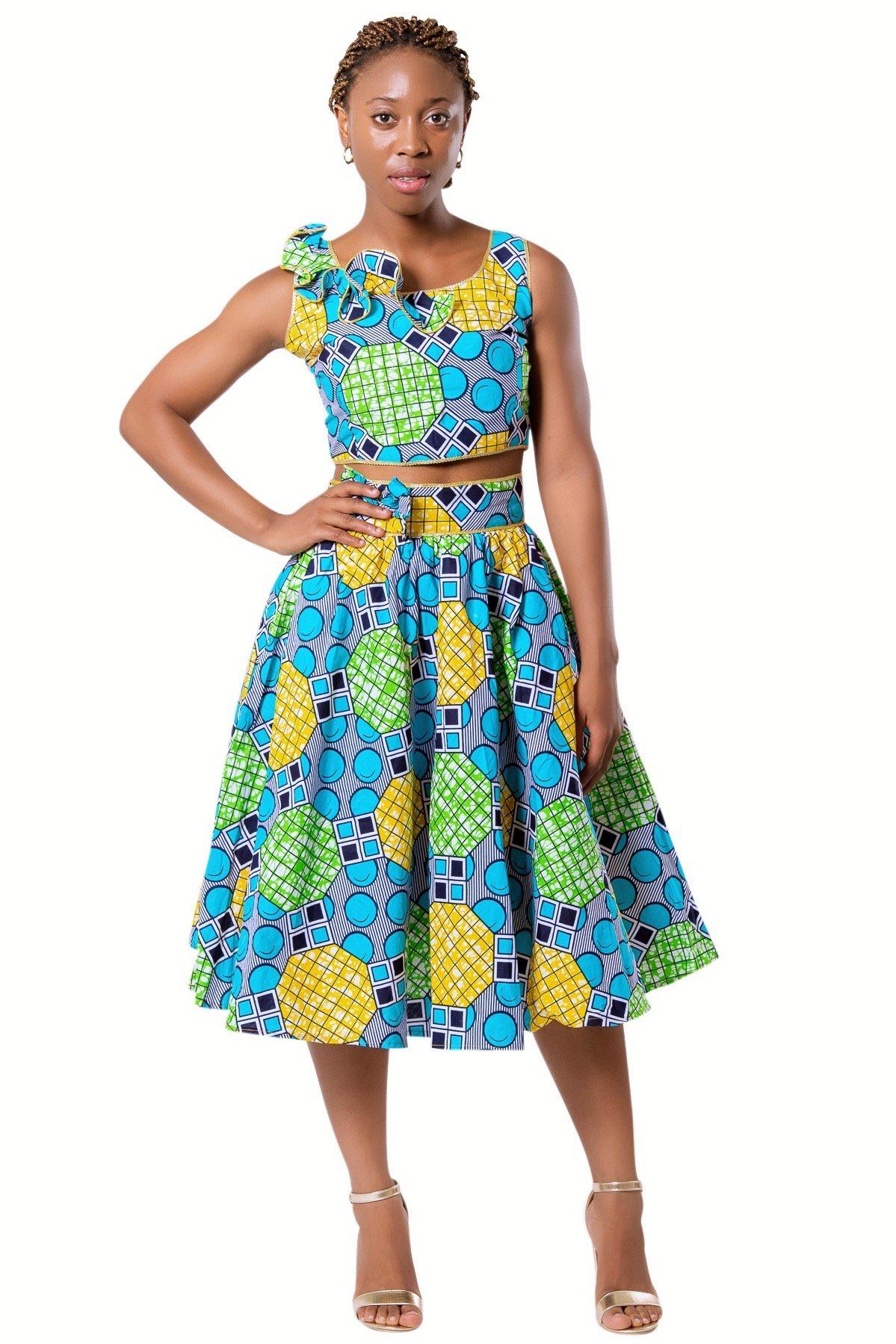 Deli Bow Side Midi African Print Skirt - Green | Afrilege