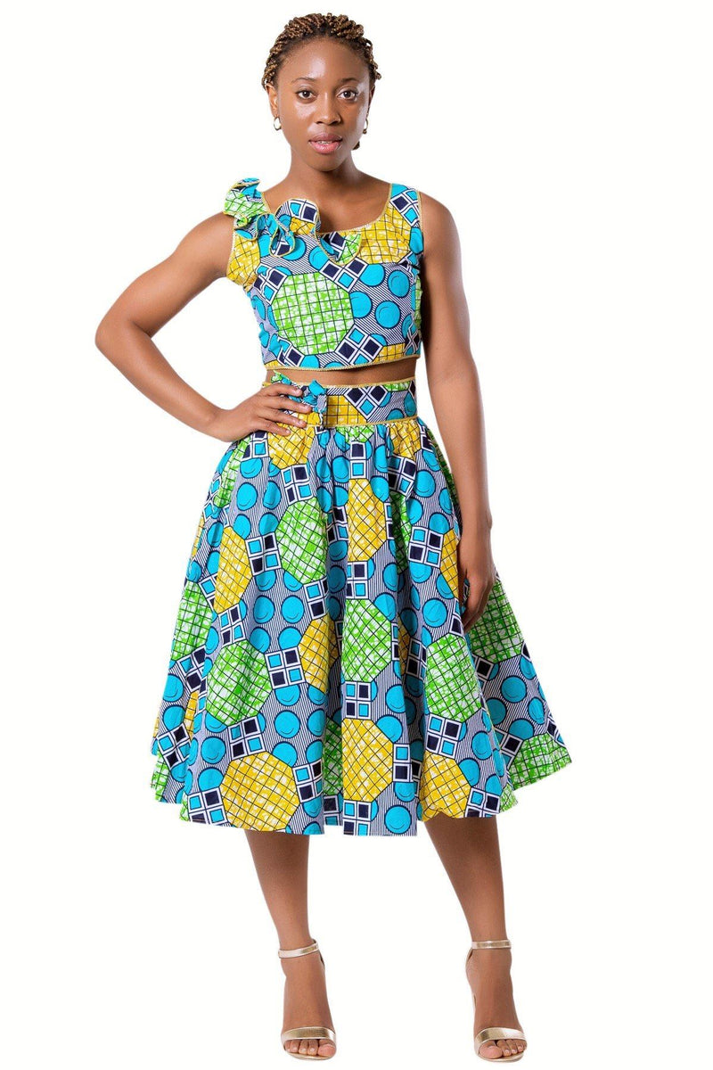 Deli Bow Side Midi African Print Skirt - Green - Afrilege