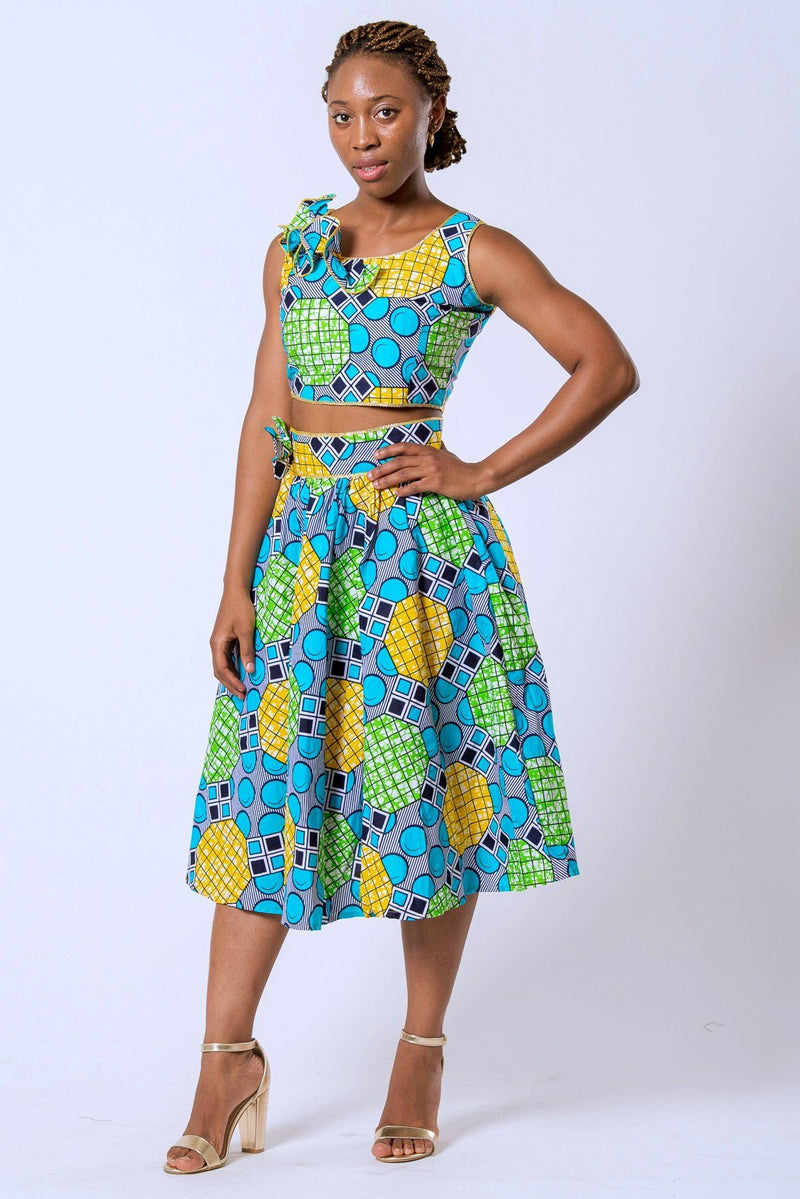 Deli Bow Side Midi African Print Skirt - Green | Afrilege