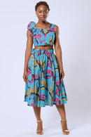 Delu Bow Side Midi African Print Skirt - Blue/ Pink/ yellow - Afrilege