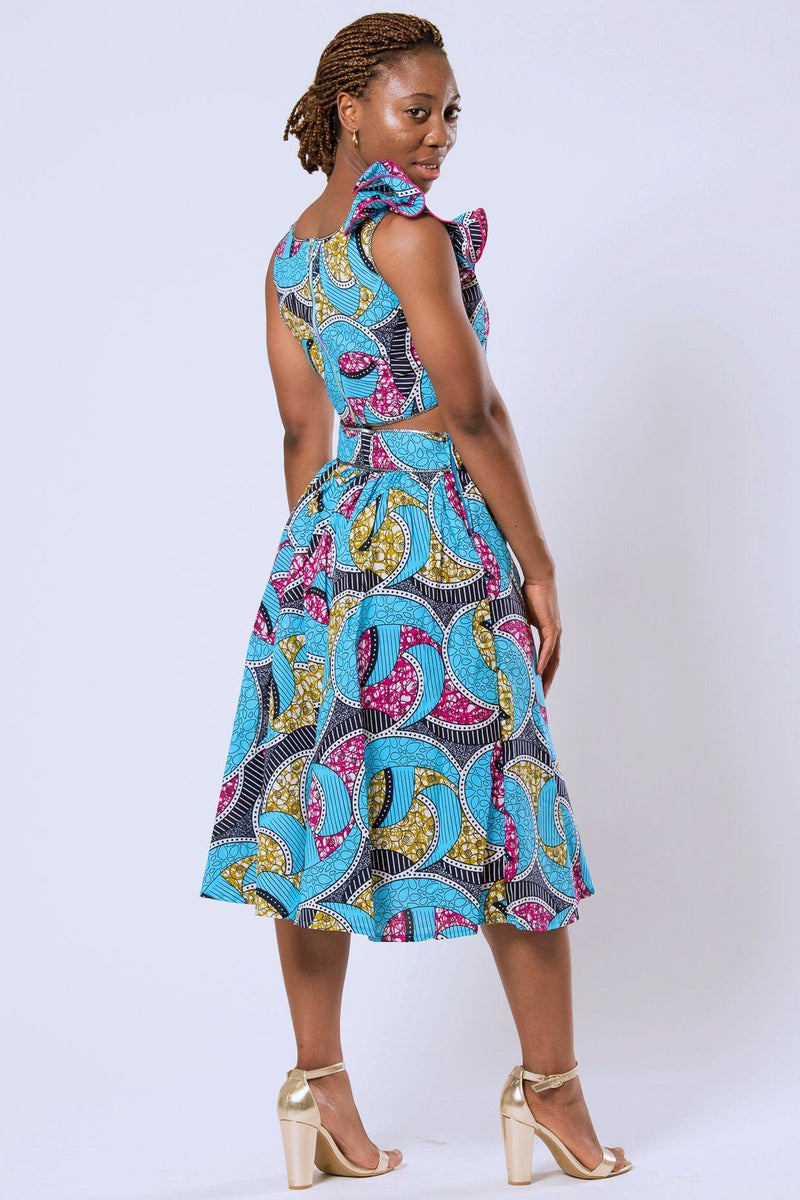 Delu Bow Side Midi African Print Skirt - Blue/ Pink/ yellow, S | Afrilege Delu Bow Side Midi African Print Skirt - Blue/ Pink/ yellow, S | Afrilege