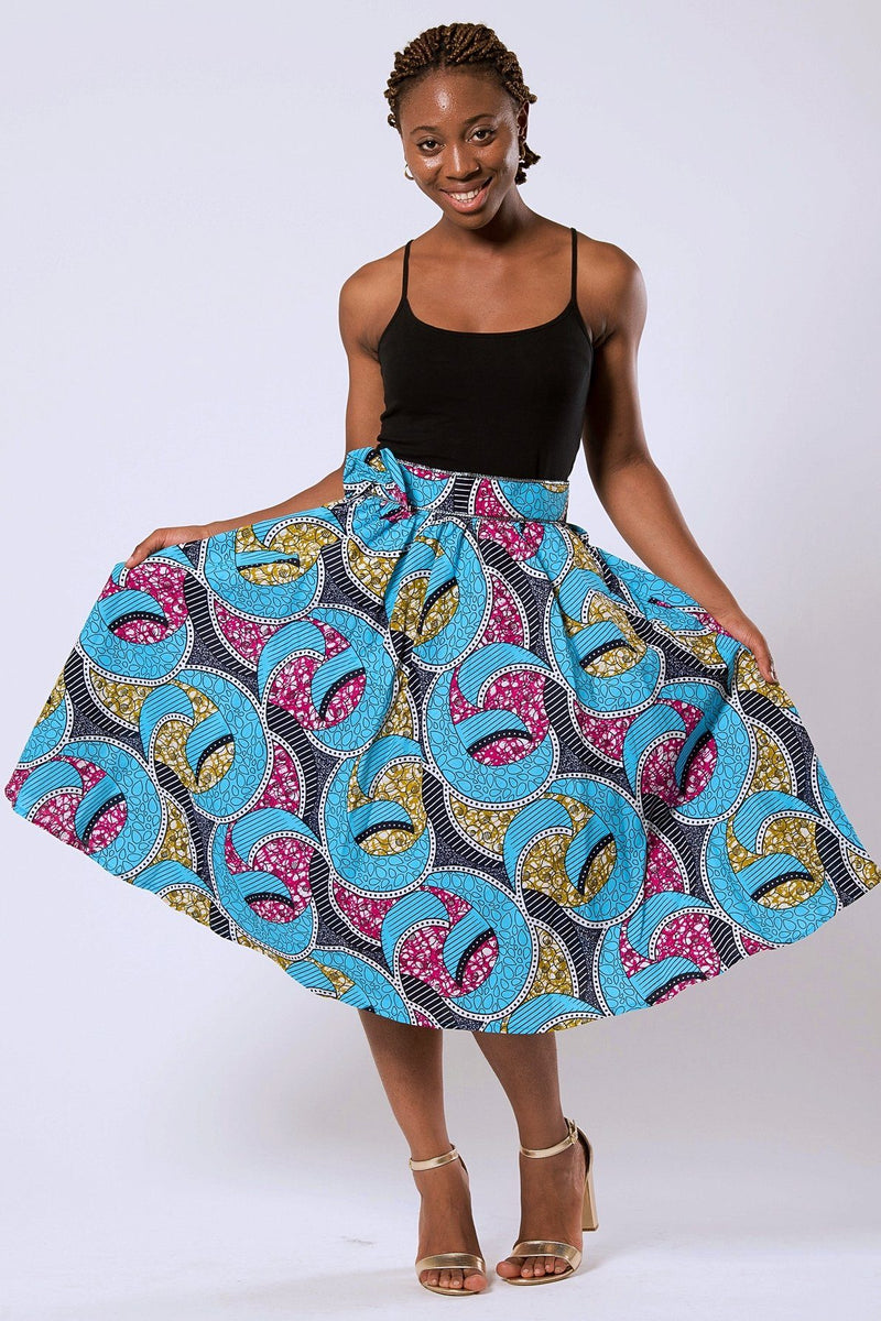 Delu Bow Side Midi African Print Skirt - Blue/ Pink/ yellow - Afrilege