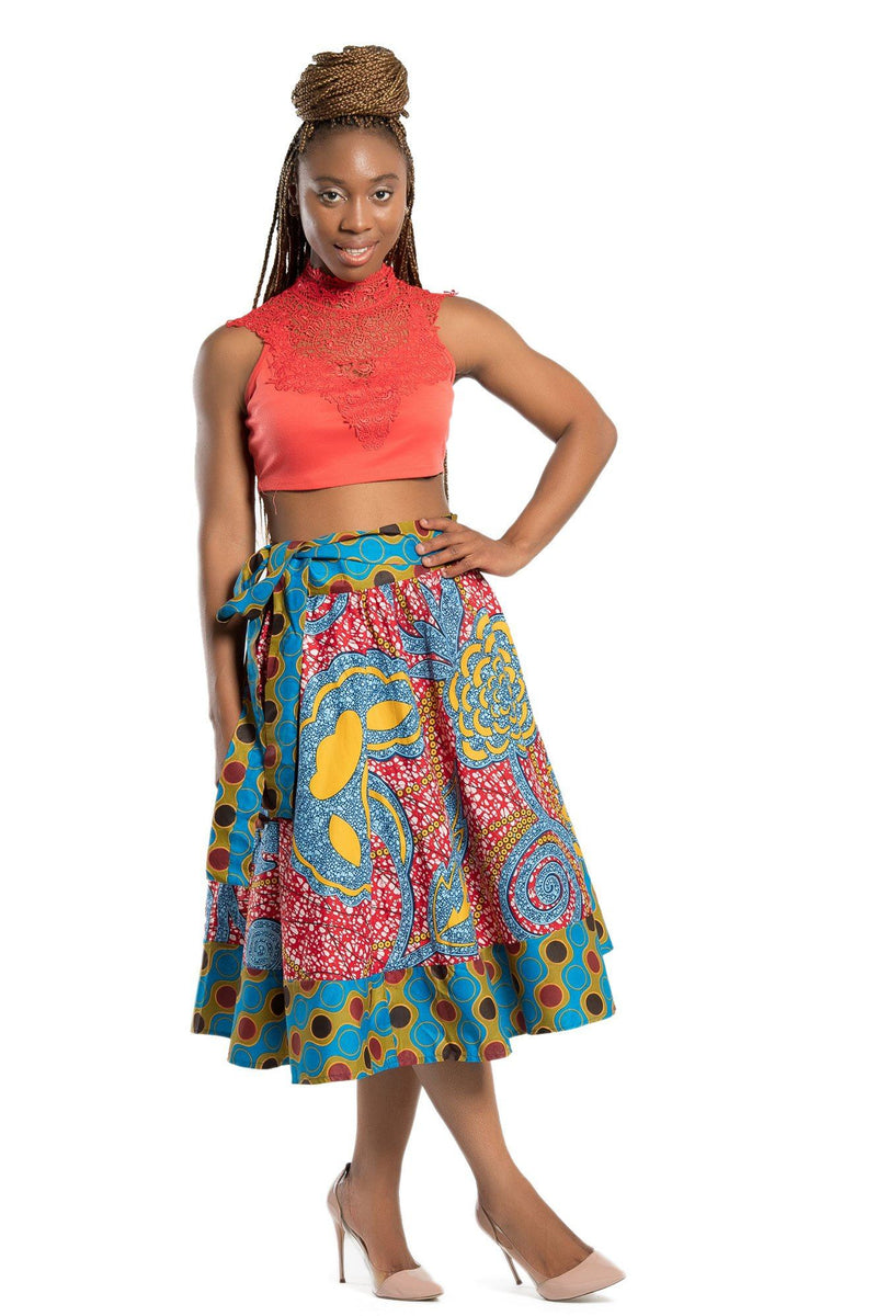 Sanaa African Print 2-seasons Midi Skirt - Red/ Blue - Afrilege
