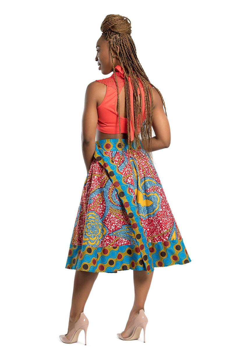 Sanaa African Print 2-seasons Midi Skirt - Red/ Blue | Afrilege