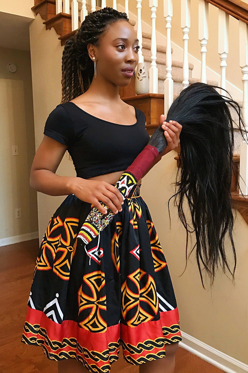 Toghu Bamenda African Print Midi Skirt - Black / red - Afrilege