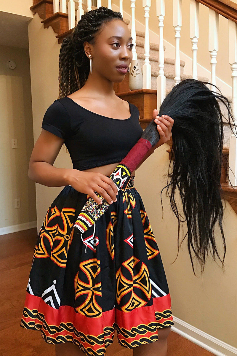 Toghu Bamenda African Print Midi Skirt - Black / Red, S | Afrilege Toghu Bamenda African Print Midi Skirt - Black / Red, S | Afrilege