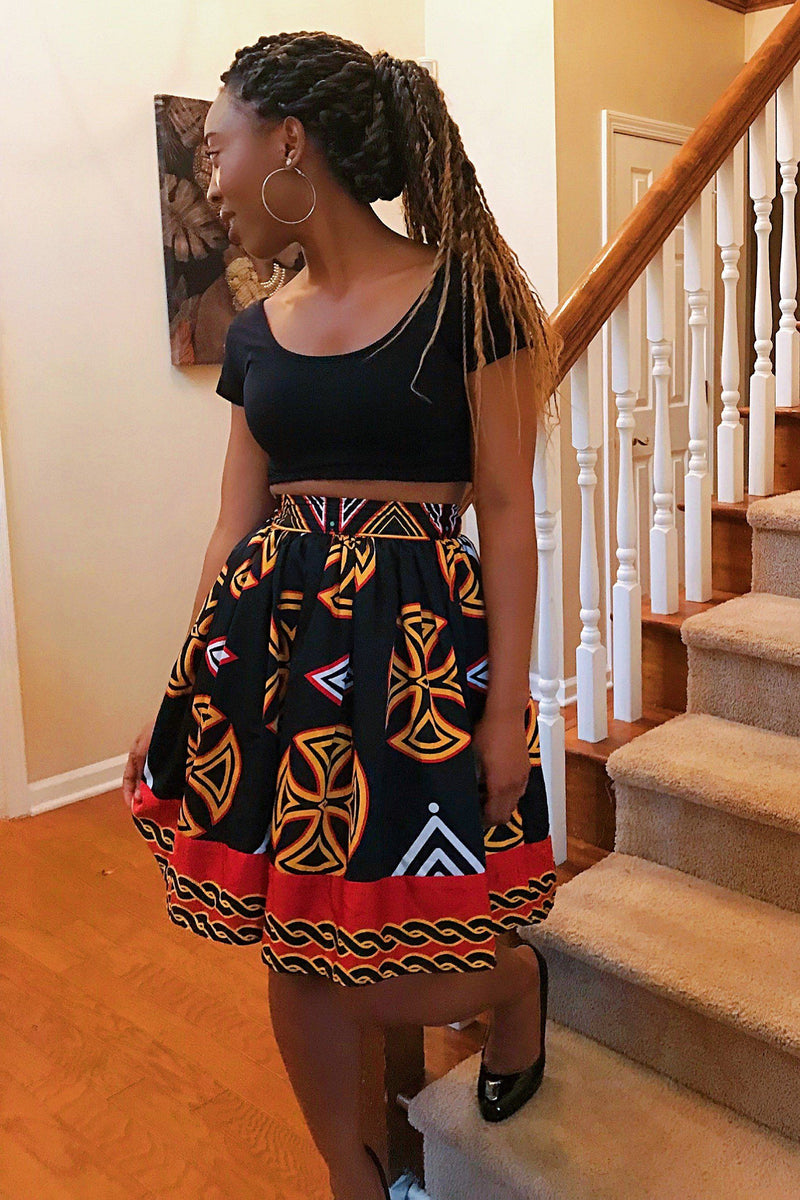 Toghu Bamenda African Print Midi Skirt - Black / red - Afrilege