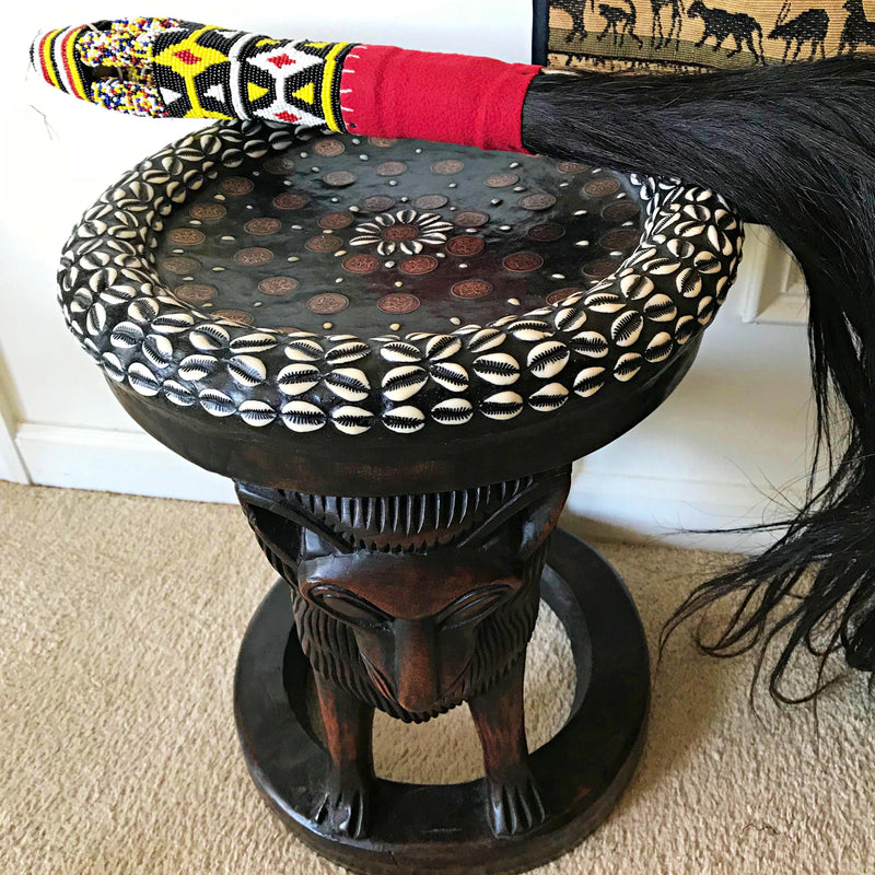 Bamileke Bamoun African Prestige Stool with encrusted Coins and Cowry - Afrilege