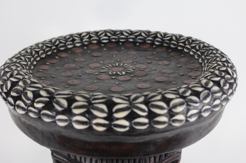 Bamileke Bamoun African Prestige Stool with encrusted Coins and Cowry - Afrilege