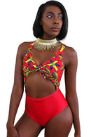 African Print Tie-Front One-Piece Swimsuit (Red) - Afrilege
