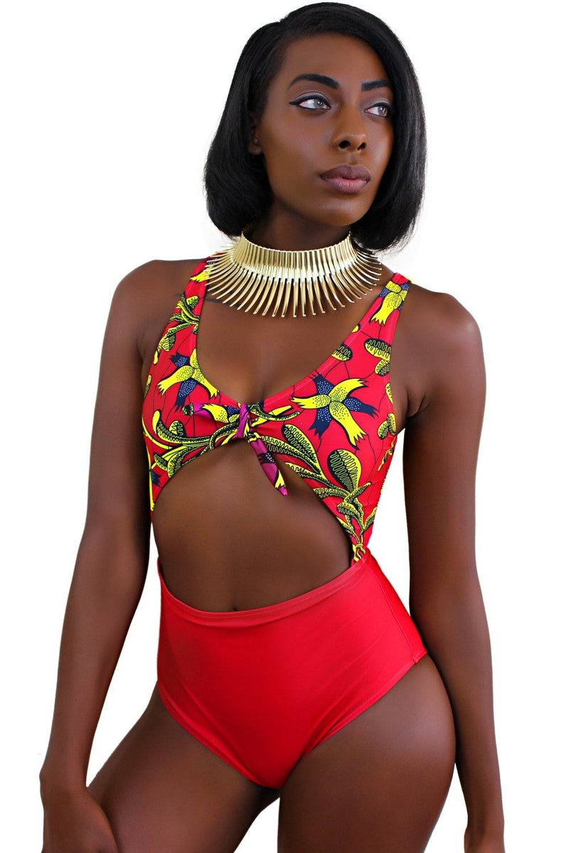 African Print Tie-Front One-Piece Swimsuit (Red) - Afrilege