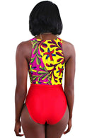 African Print Tie-Front One-Piece Swimsuit (Red) - Afrilege