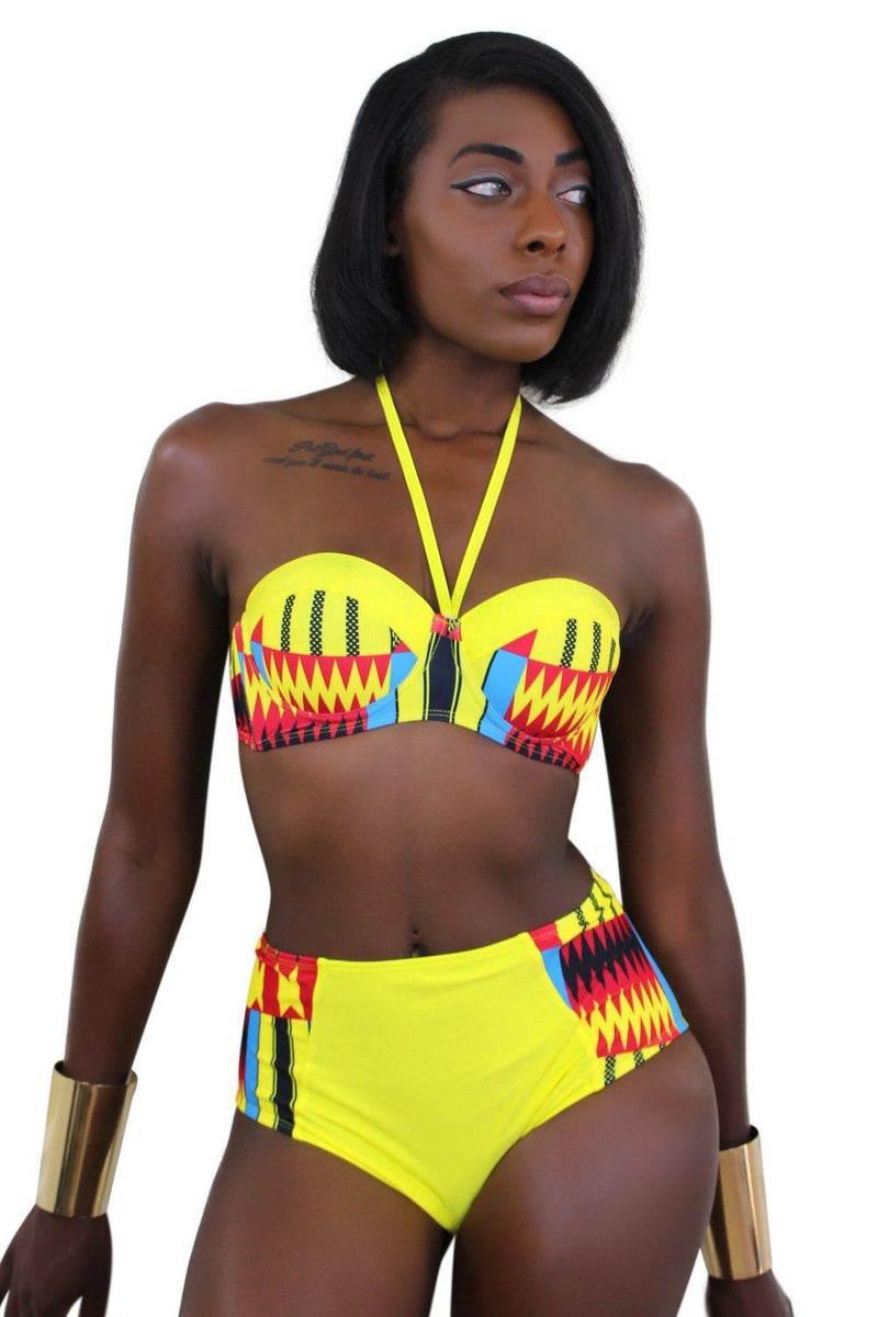 Kente African print Swimwear 2-pieces Bikini - Yellow, Red & Blue - Afrilege
