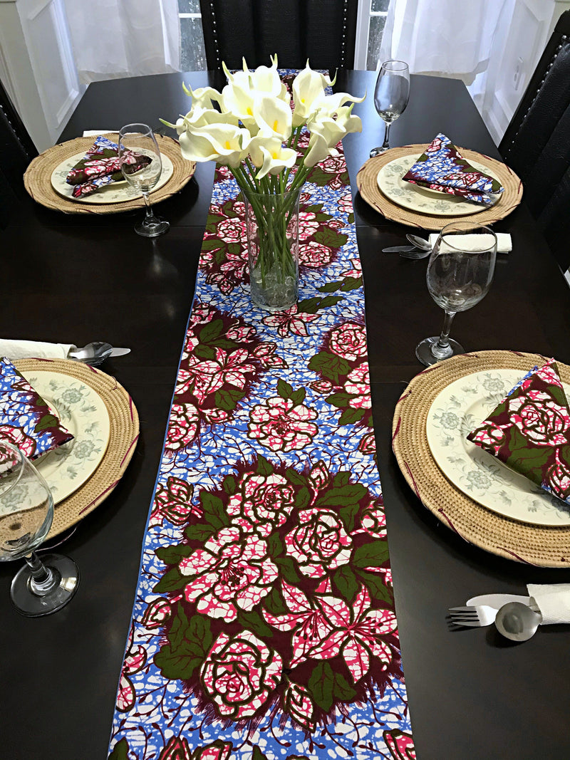 Aisha Floral African Print table runners with napkins (Blue/ Pink) - Afrilege