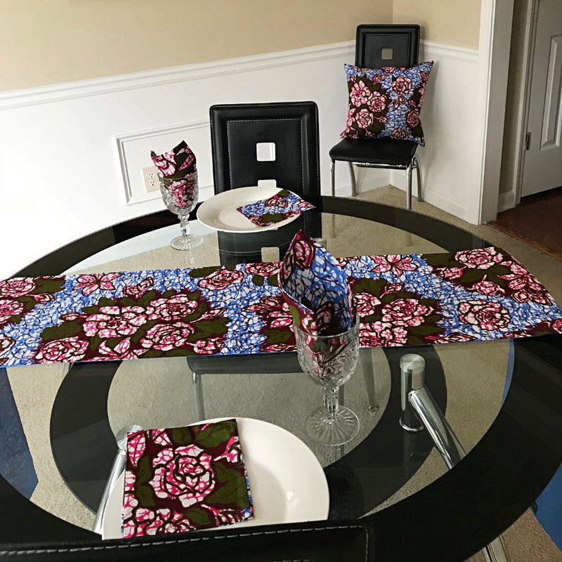 Aisha Floral African Print table runners with napkins (Blue/ Pink) - Afrilege