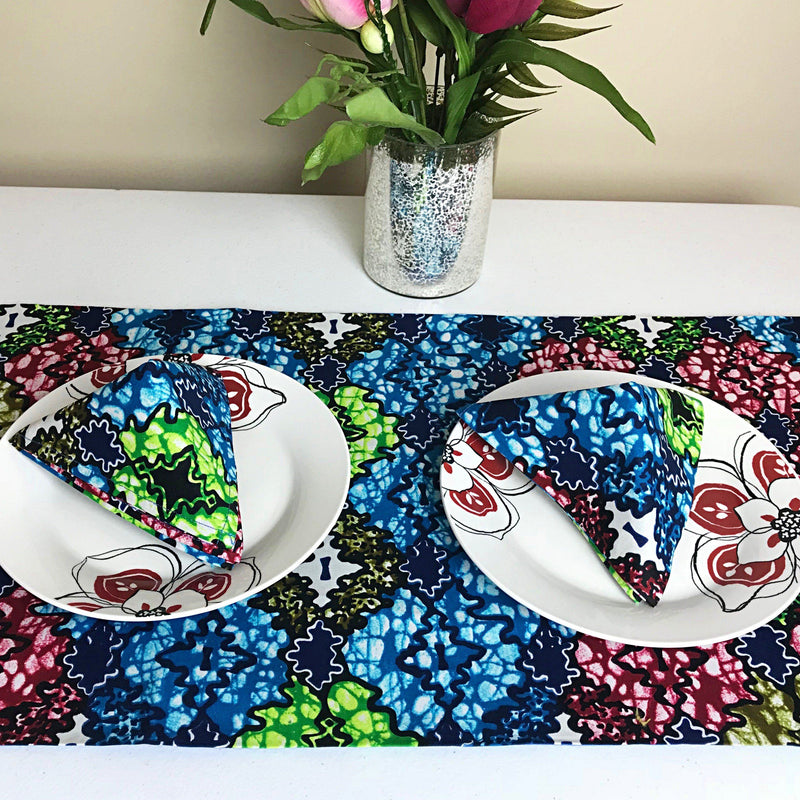 Fairy African Print table runners with napkins (Blue/ Green/ White) - Afrilege